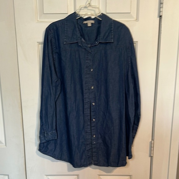Woman Within 1x Denim Button Down Shirt - Picture 1 of 4